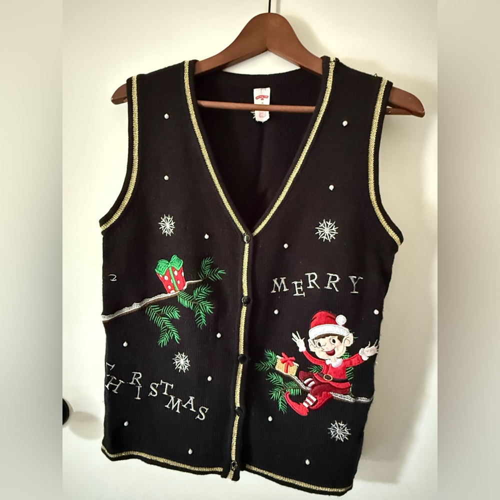 Holiday Time Black Christmas Vest with Festive Embroidery